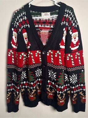 Mens Ugly Christmas Cardigan Sweater Black Reindeer Santa Holiday Party Medium